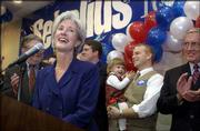 Kathleen Sebelius, Democratic governor-elect, is all smiles as she thanks her supporters, who gathered Tuesday night at the Holidome in Topeka to celebrate her victory over Republican gubernatorial candidate Tim Shallenburger.