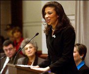 Miss America 2003 Erika Harold speaks at a meeting of the
Connecticut Commission on Children in Hartford, Conn. Harold used
the meeting to explain her youth violence platform. Harold will
also promote abstinence during her yearlong reign.