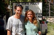 Jose Tena, 26, left, originally from Madrid, Spain, and his wife,
American Alicia Kalhammer, 31, of Tallahassee, Fla., stand outside
police headquarters in Mombasa, Kenya. The couple was picked up by
Kenyan police about 90 minutes after the attack Thursday on the
Paradise Hotel. They were released Saturday.