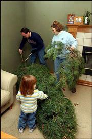 Kevin and Julie Sigourney and their daughter Hannah, 3, trim loose
branches on their Christmas tree and prepare to decorate it at
their Lawrence home. The Sigourneys cut the tree Friday at
Strawberry Hill Christmas Farm. Rich Barr, fire marshal with
Lawrence-Douglas County Fire & Medical, warns, "Use of a live
tree is always a concern, but it doesn&squot;t need to be as much of a
concern if it is kept watered. A dry tree is extremely volatile."