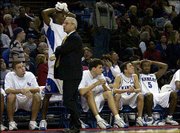 Kansas coach Roy Williams is miffed after Aaron Miles fouled a
Tulsa player during a three-pointer. The Jayhawks held on to defeat
the Golden Hurricane, 93-85, last December at Kemper Arena.