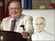 Cartoonist Bill Mauldin receives the Harry S. Truman Good Neighbor
Award in this May 8, 1996, file photo in Kansas City, Mo. Mauldin,
one of the 20th century's pre-eminent editorial cartoonists, died
Wednesday at age 81. Below is a cartoon featuring the GIs Willie
and Joe.