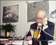 Hans Blix, United Nations chief weapons inspector, works Thursday
in his office at the U.N. headquarters in New York, a day before he
presents his latest assessment of Iraq's cooperation to members of
the U.N. Security Council.