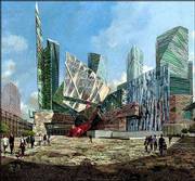 This is an undated artist's rendering of Daniel Libeskind's design
for the rebuilding of New York's World Trade Center. The design for
sloping angular towers with a 1,776-foot airy spire jutting into
the skyline was chosen Wednesday in New York as the model for
redeveloping the site where the twin towers once stood.