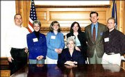 The Leadership Lawrence class meets in Gov. Kathleen Sebelius'
office on a trip to Topeka. The class met the governor and Rep.
Paul Davis of the 46th District on a Feb. 12 trip to the capital
city for Leadership Lawrence Government Day. Standing from left are
Matt Hoy, Mary Burg, Sarah McKinley, Deborah Thompson, Davis and
David Olson. Sebelius is seated in front. Davis submitted the
photo. Got a shot for Friends & Neighbors? Send it, along with
your name, phone number and caption information, to Friends &
Neighbors, P.O. Box 888, Lawrence 66044.