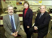 Judges for the 2003 Lawrence Journal World Academic All Stars are
from left, Earl Kirk, Dean of Arts and Sciences at Baker
University, Angela Lumpkin, Dean of Education at KU and Robert G.
Herrington professor at the School of Education at KU.