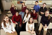The 2003 Lawrence Journal-World Academic All-Stars are, from left,
Annie McEnroe, Lawrence Free State; Julie Anne Beck, DeSoto; Mark
Allen Samsel, Wellsville; Merry Chadwick, Lawrence Free State; Lia
DeRoin, Lawrence; Leigh Morris, Ottawa; Robert Mathew Overbaugh,
Tonganoxie; Luke Thompson, Lawrence Free State; Jenna Wilcox,
Lawrence; and Katherine Jorn Lammers, Baldwin.