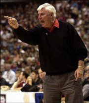 Texas Tech coach Bob Knight argues a call in the game against
Oklahoma. The Red Raiders lost to the sixth-ranked Sooners, 67-60,
in overtime Saturday at the Big 12 Conference tournament in Dallas.