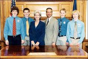 Southwest Junior High School students spend a day paging for state
Sen. Mark Buhler, R-Lawrence. The students visited the Capitol
March 6. From left are Brian Hatesohl, Jason McCandless, Gov.
Kathleen Sebelius, Buhler, Spencer Latt and Blake Thames. Buhler
submitted the photo. Got a shot for Friends & Neighbors? Send
it, along with your name, phone number and caption information, to
Friends & Neighbors, P.O. Box 888, Lawrence 66044. For more
Friends and Neighbors, go to
www.lawrence.com/publish/postem/friends.