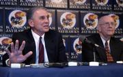 A. Drue Jennings, a KU graduate and former CEO of Kansas City Power
and Light Company, left, was named interim athletic director after
Chancellor Robert Hemenway announced that Al Bohl was fired from
his position as athletics director at KU.