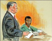Virginia Commonwealth's Atty. Robert F. Horan, left, speaks in
Fairfax County Court as sniper suspect Lee Boyd Malvo sits watching
in this courtroom artist's sketch. Malvo's attorney has asked the
judge to throw out Malvo's confession in last fall's sniper
shooting spree. Malvo is charged with capital murder in the murder
of Linda Franklin in Falls Church, Va., in October.