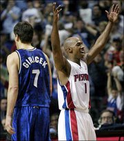 Detroit's Chauncey Billups celebrates after a basket. Billups led
all players with 37 points in the Pistons' 108-93 victory Sunday
over Orlando in Game 7 of the Eastern Conference quarterfinals in
Auburn Hills, Mich.