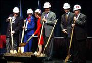 Breaking ground for the new Dole Institute of Politics at Kansas
University are, from left, institute director Richard Norton Smith,
KU benefactor Polly Bales of Logan, Elizabeth Dole, former Sen. Bob
Dole, Gov. Bill Graves and KU Chancellor Robert Hemenway. The 1999
ceremony was at the Lied Center, next door to the site of the
institute.