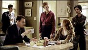 The funeral home drama "Six Feet Under" received a leading 16 Emmy
nominations Thursday, when the nomination list was announced in Los
Angeles. Besides a best drama series bid, the HBO series also
earned lead acting nominations for cast members Frances Conroy,
center, and Peter Krause, left. Other cast members pictured here
are Michael C. Hall, second from left, Lauren Ambrose, second from
right, and Freddy Rodriguez.