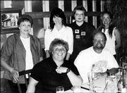 David Brzoska, front right, enjoys a retirement celebration at
Pachamama's restaurant in Lawrence. From left are Janice McClure,
Judy Brzoska, Teresa Angelone, Rhonda Whiteside and Sheryl
Nettleton. Brzoska plans to devote more time to his entomology
research in affiliation with Kansas University.