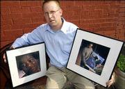 Cleveland photographer David Hagen poses with two of his portraits
in Cleveland. Hagen had an exhibition of portraits of homeless
people at the Creative Impetus Gallery in Cleveland, compiled into
his book "Face to Face: Portraits of Homeless People in Cleveland."