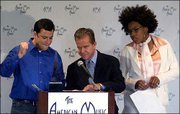 The nominations for the 31st annual American Music Awards are
announced by, from left, this year's host, Jimmy Kimmel; Dick
Clark, executive producer of the TV special, and singer Macy Gray
in Beverly Hills, Calif. The nominees were announced Tuesday; the
show will air Nov. 16.