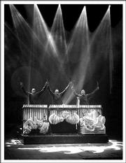 Members of Blue Man Group loom over one of their specially
constructed PVC percussion instruments while in concert.