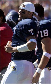 Adam Barmann, No. 7 6-4, 210, Fr., Weston, Mo. Strengths: Good,
mobile athlete with a strong arm. Weaknesses: Inexperience Games:
None Comp-Att-Int: 0-0-0 Passing yards: 0 Briefly: Was a two-time
all-state and all-metro selection at West Platte High. ... KU had
hoped to give him a red-shirt season before starter Bill Whittemore
was injured last Saturday.