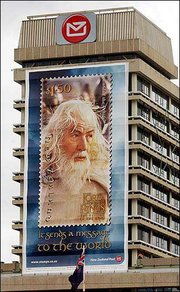 A giant advertising sign of a stamp featuring Sir Ian McKellen as
Gandalf from the movie "Lord of the Rings: The Return of the King"
hangs on the side of a post office building in Wellington, New
Zealand, as part of the buildup for the world premiere of the movie
Monday in Wellington.