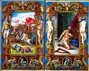 A battle scene from "Death of Uriah," left, and a depiction of
"David in Prayer," are images from the "Book of Hours," painted by
Roman artist Guilio Clovio in 1546 for Cardinal Alessandro Farnese.
The book is among dozens on display at the Kimbell Art Museum in
Fort Worth, Texas, until Jan. 18, part of the exhibit "Painted
Prayers: Medieval and Renaissance Books of Hours from the Morgan
Library."