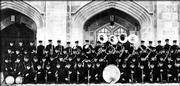 Members of the marching band at Kansas University line up for a
group shot in front of old Hoch Auditorium. This band performed in
the 1930s.