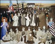 Lawrence artist Wayne Wildcat painted this mural to commemorate the
1921 "Amazon Army" march by wives of striking coal miners in
southeast Kansas. His wife, Tolly, has written a journal article,
and Joan Stone, a Kansas University professor of dance, has
choreographed a dance to bring renewed attention to the historic
but little-known march.