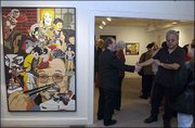 Roger Shimomura visits with gallery-goers during the opening of his
exhibition, "Stereotypes and Admonitions," at the Jan Weiner
Gallery in Kansas City, Mo. The December reception was complemented
by a slide lecture that Shimomura delivered Jan. 9 at the
Nelson-Atkins Museum of Art. The exhibit then traveled to the Greg
Kucera Gallery in Seattle.