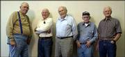 These U.S. military veterans met last week for a reunion in Kansas
City, Mo. Now in their 80s, they were captured on Dec. 8, 1941, on
Guam and spent the duration of World War II in Japanese prisons.
All began their incarcerations at the Zentsuji Prison Camp. From
left: Howard Ross, 86, Melbourne, Fla.; Harris Chuck, 86, Vista,
Calif.; Donald Binns, 86, Lawrence; Richard Salsbury, 82, National
City, Calif., and Robert Epperson, 84, Cottonwood, Calif.