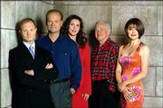 The cast of NBC&squot;s "Frasier" poses in this undated publicity photo.
From left are David Hyde Pierce as Dr. Niles Crane, Kelsey Grammer
as Dr. Frasier Crane, Peri Gilpin as Roz Doyle, John Mahoney as
Martin Crane and Jane Leeves as Daphne Moon.