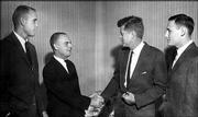 Then-U.S. Sen. John F. Kennedy visits with Kansas University
students while in Lawrence to give the 1957 convocation speech.