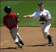 Free State High shortstop Robby Price, right, throws past Blue
Valley West runner Austin Smith for a force out at first base. The
Firebirds won, 3-2, Friday at Hoglund Ballpark.