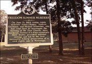 A historic marker outside Mount Zion Church in rural Neshoba County
briefly tells of the 1964 deaths of three civil rights workers,
Michael Schwerner, Andrew Goodman and James Chaney, who were killed
June 21, 1964, after the burning of the church. The facility was
rebuilt in 1965.