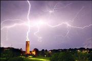 Lawrence photographer Kyle Gerstner captured a display around the
KU Campanile in a timed exposure. The photograph was published
previously in the Journal-World.