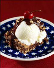 An All-American Chocolate Brownie Sundae combines ice cream and
brownies, which may be near the top of any national popularity
poll, separately or together. This version is made with bittersweet
chocolate sauce, vanilla ice cream, pecans and fresh cherries.