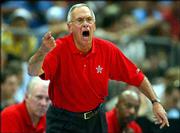 U.S. men's basketball coach Larry Brown reacts during his team's
game against Italy. The Italians won the Olympic tuneup game,
95-78, Tuesday at Cologne, Germany.