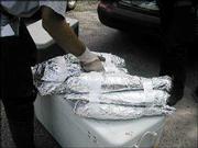 Fish collected by Kansas Department of Health and Environment
scientists are wrapped individuallly in foil, then bound together
with tape for transport to the state and federal labs, where they
will be tested for pollution.