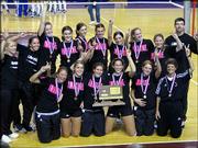 The Lawrence High volleyball squad placed second at the Kansas
Class 6A state tournament Saturday in Topeka. After the awards
ceremony, the squad posed with its medals and trophy. Picture are,
front row, from left, Shelby White, Lindsey Lawrence, Elise
McDonald, Bonnie Toplikar, Carolyn Raynes and coach Jo Huntsinger;
back row, from left, are assistant Melissa Stenfors, assistant
Molly LaMere, Amanda Weishaar, Kayla Nolte, Bobi Riley, Jessica
Vinoverski, Drew DeBiasse, Abby Schwartz, manager Richelle Chaney
and assistant John Moos. Not pictured is Cortney Sostarich. Story
on page 1C.