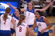 Kansas University volleyball players, from left, Ashley Michaels,
Andi Rozum, Paula Caten, Emily Brown and Josi Lima celebrate a kill
against Baylor.