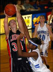 Lawrence High&squot;s Megan Klingler, left, is hacked by Leavenworth
defender Victoria Henson. The Pioneers beat the Lions, 46-36,
Friday in Leavenworth.<br>
<a href=
"http://etc.lawrence.com/galleries/Girls-Lawren/6922_lores.html"
target="_new" onclick=
"window.open(&squot;http://etc.lawrence.com/galleries/Girls-Lawren/6922_lores.html&squot;,&squot;Photo&squot;,&squot;height=650,width=550,screenX=10,screenY=10,&squot; + &squot;scrollbars,resizable&squot;); return false;">
<img src="http://www.ljworld.com/art/icons/icon_photo.gif" border=
"0" alt="photo"> Photo Gallery: Girls - Lawrence High vs.
Leavenworth (01-07-05)</a><br>