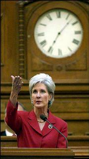 Gov. Kathleen Sebelius used Monday's State of the State address to
emphasize the need to improve health care coverage and school
financing if the state wants to continue economic growth.