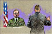 In a courtroom artist's drawing, U.S. Army Spc. Charles Graner Jr.,
left, answers questions during the punishment phase in his
court-martial Saturday at Fort Hood, Texas. He was sentenced to 10
years for his role in the Abu Ghraib prison scandal.