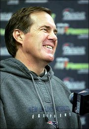 New England coach Bill Belichick speaks with reporters. Belichick
met the media Thursday at Gillette Stadium in Foxboro, Mass.