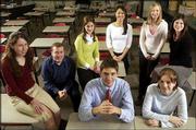 The 2005 Journal-World Academic All-Stars are, clockwise from
bottom center, Nat Wells, Lawrence High School; Lynne Stahl, Free
State High School; Shawn Turner and Jennifer Harness, Ottawa High
School; Flora Jiang, Free State; Chelsey Forge, Oskaloosa High
School; Marie Hull, Free State; and Kristin Lynch, Baldwin High
School. Not pictured are Emma Willis, Oskaloosa, and Hunter
Samuels, Tonganoxie High School.