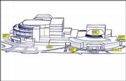 Fund raising is under way for an expansion of Kansas University's
Lied Center. The existing building, left, would get an expanded
lobby. The addition, at right, includes an 800-seat auditorium,
sculpture garden, art gallery and education center.
