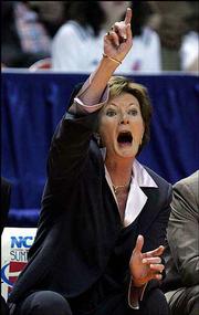 Tennessee coach Pat Summitt yells to her players during the first
half of the Lady Vols' game against Western Carolina. Tennessee
won, 94-43, Sunday in Knoxville, Tenn., giving Summitt her 879th
career coaching victory and tying her with Dean Smith for most
victories in Division One history.