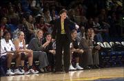 Bonnie Henrickson makes a point during a 58-41 victory over Western
Illinois on Dec. 8 at Allen Fieldhouse. Henrickson was a graduate
assistant at Western Illinois in 1988.