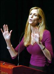 Ann Coulter speaks to a nearly full house at the Lied Center in Lawrence in this March 2005 file photo. Coulter's latest attack on Democratic presidential candidate John Edwards is spurring financial contributions from his supporters.