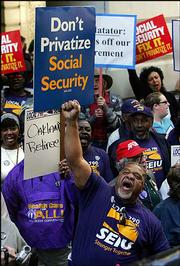 Opponents of President Bush's plan to privatize Social Security
protest Thursday outside the Charles Schwab headquarters in San
Francisco. Protesters claim that private investment companies like
Charles Schwab are conspiring with the U.S. government toward the
privatization of Social Security programs. Others say Bush is
misleading when he compares it with the retirement savings plan
that federal employees have now.