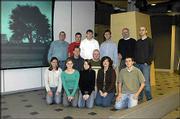 Reporters and documentary students from University of Nebraska.
Back row from left: Tom Gemelke, Dustin Schilling, Patrick Smith,
Kris Kolden, instructor Jerry Sass and Van Jensen. Middle row:
Chris Bainbridge and Jerry Widhelm. Front row: Melissa Lee, Suzanna
Adam, Amber Brozek, instructor Susan Gage and Michael Bruntz.